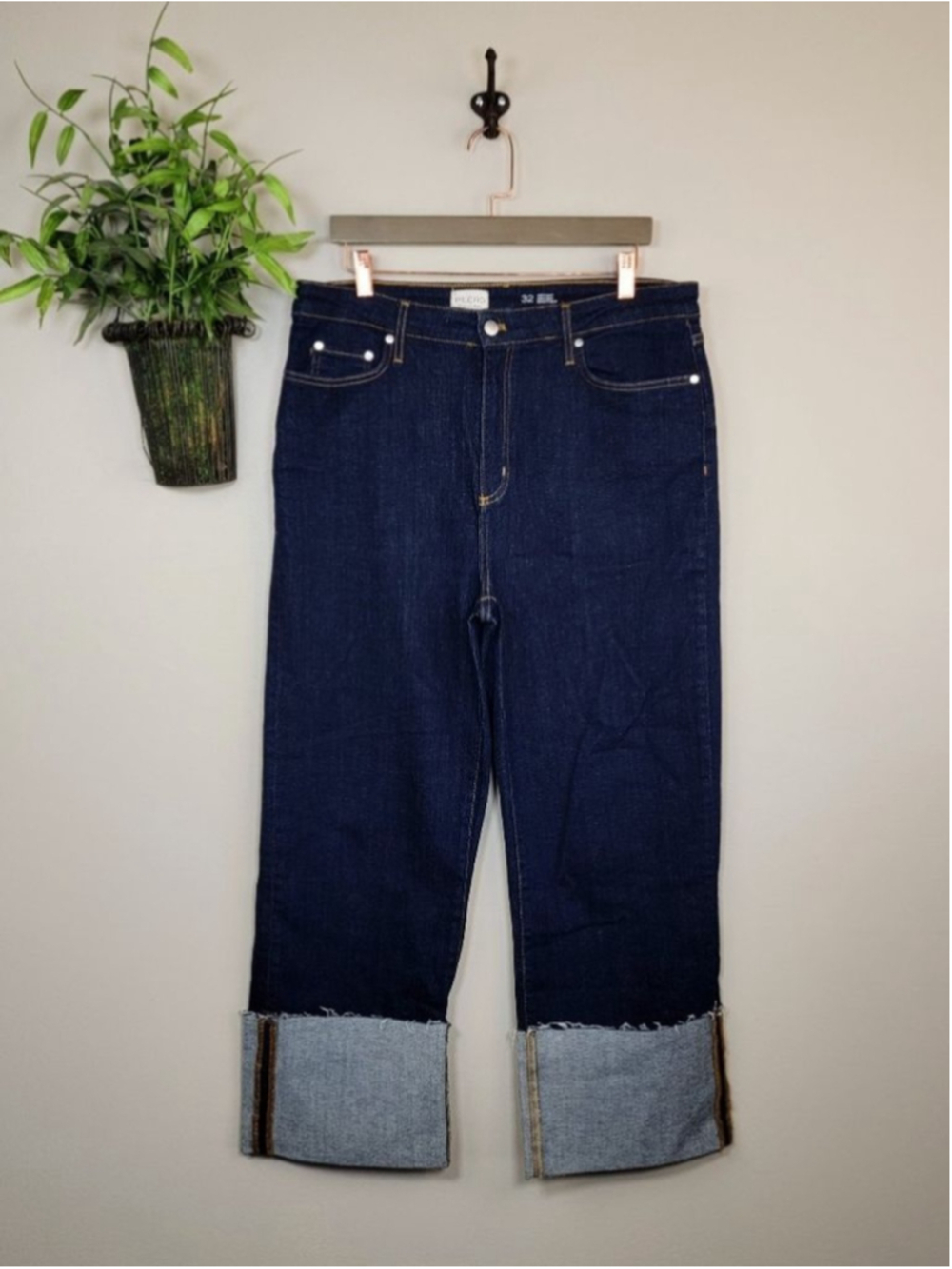 Pilcro 32 Scotty Wide Straight Leg Jeans Dark Rinse Wash High Cuff Tall Raw Hem - Picture 2 of 10
